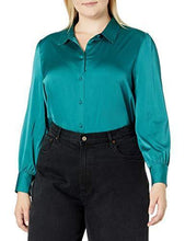 Load image into Gallery viewer, The Drop Women&#39;s @lucyswhims Long Sleeve Button Down Stretch Satin Shirt, Pacific Teal, XXS - foxberryparkproducts
