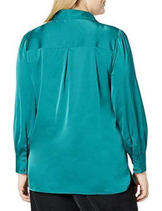 The Drop Women's @lucyswhims Long Sleeve Button Down Stretch Satin Shirt, Pacific Teal, XXS - foxberryparkproducts