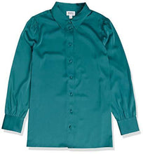 Load image into Gallery viewer, The Drop Women&#39;s @lucyswhims Long Sleeve Button Down Stretch Satin Shirt, Pacific Teal, XXS - foxberryparkproducts
