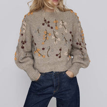 Load image into Gallery viewer, Winter Beaded Embroidery Decoration Bubble Sleeve Sweater
