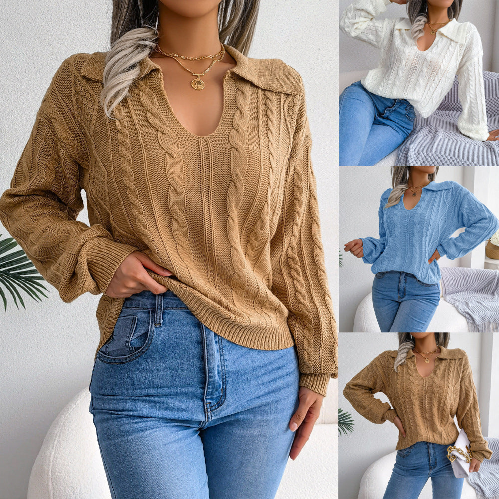 Autumn And Winter Casual Lapel Fried Dough Twist Lantern Sleeve Knitting Sweater