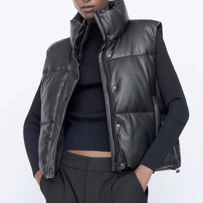 women Black Warm Faux Leather Vest Coat - foxberryparkproducts