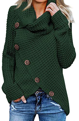 Asvivid Womens Turtle Cowl Neck Sweater Plain Button Asymmetrical Wrap Pullover Lightweight Knitted Sweaters Winter Fall Tops M Green - foxberryparkproducts