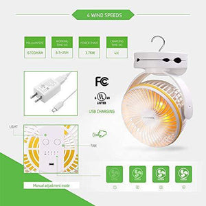 VIVOSUN 6700mAh USB Powered Clip Fan with Hanging Hook 4 Speeds 2 Level Light for Camp Baby Stroller Gym Home Office - foxberryparkproducts
