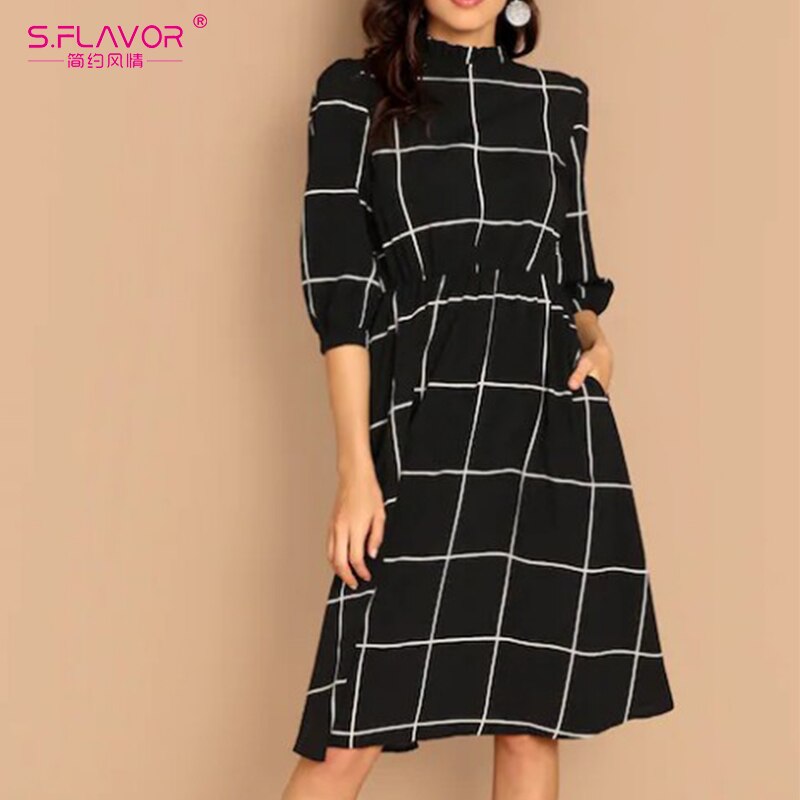 Stand Collar Simple Plaid Dress Autumn Winter - foxberryparkproducts