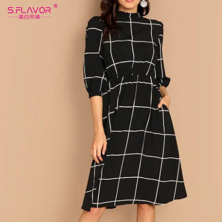 Stand Collar Simple Plaid Dress Autumn Winter - foxberryparkproducts