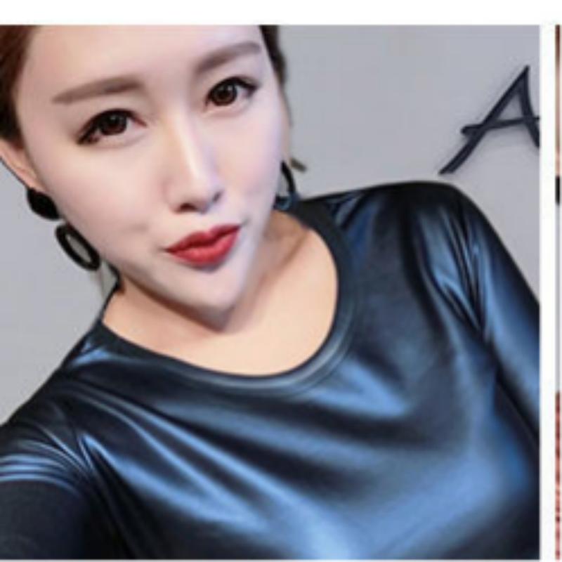 Plus Size Women Pu Turtleneck Blouse Metallic Long Sleeve faux leather Wet Look shirts op Ladies - foxberryparkproducts