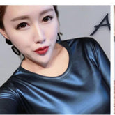 Plus Size Women Pu Turtleneck Blouse Metallic Long Sleeve faux leather Wet Look shirts op Ladies - foxberryparkproducts