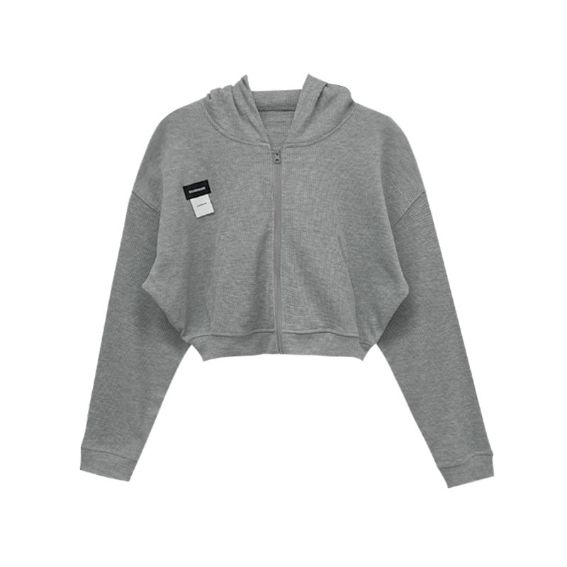Short Long Sleeve Waffle Loose Hooded Sweatshirt - foxberryparkproducts