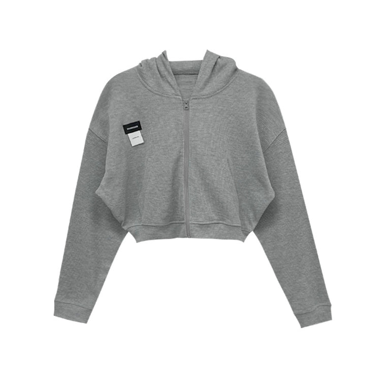 Short Long Sleeve Waffle Loose Hooded Sweatshirt - foxberryparkproducts