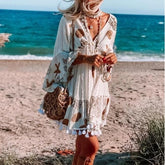 Women starfish flower print long sleeve v-neck beach Bohemian dress tassel - foxberryparkproducts