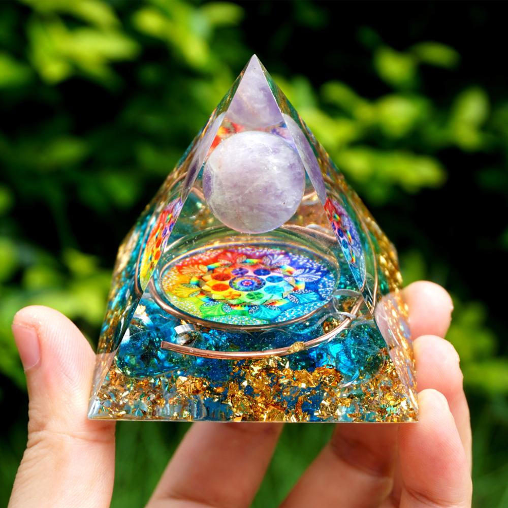 Handmade Amethyst Crystal Sphere Orgone Pyramid Copper Blue Quartz EMF Protection Energy Orgonite - foxberryparkproducts
