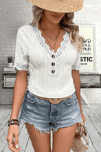 Load image into Gallery viewer, Buttoned V-Neck Lace Trim T-Shirt
