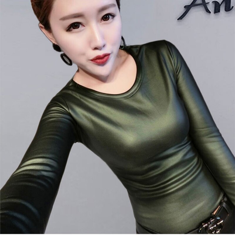 Plus Size Women Pu Turtleneck Blouse Metallic Long Sleeve faux leather Wet Look shirts op Ladies - foxberryparkproducts