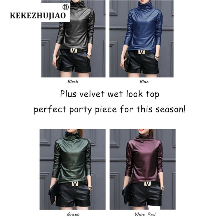 Plus Size Women Pu Turtleneck Blouse Metallic Long Sleeve faux leather Wet Look shirts op Ladies - foxberryparkproducts