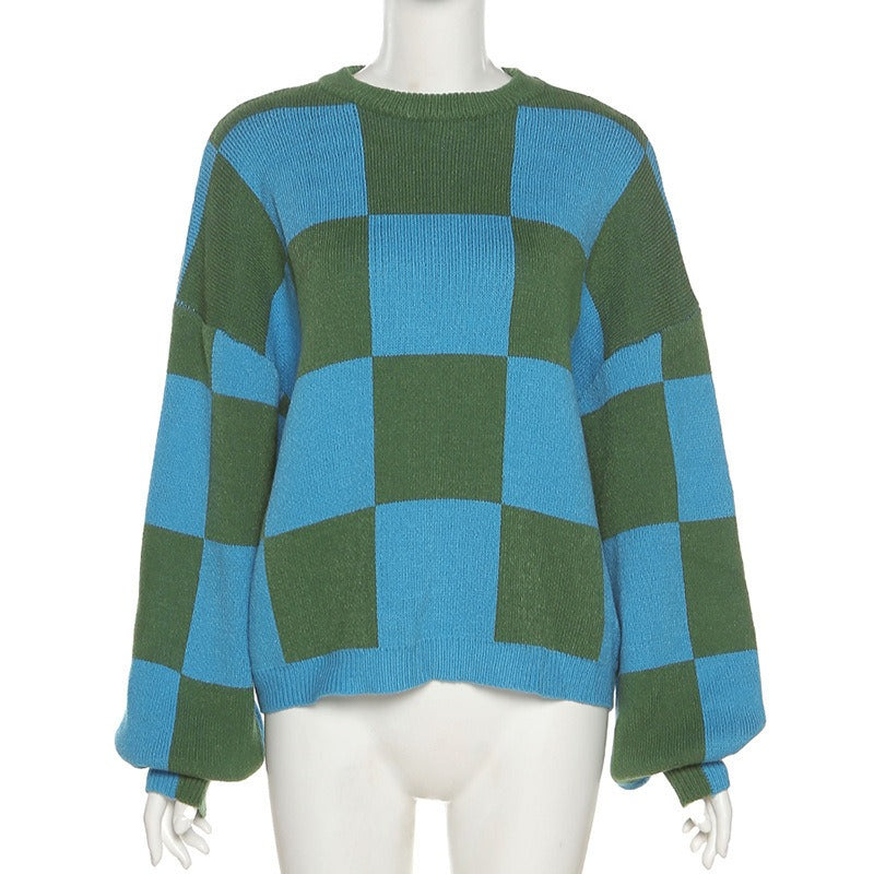 Large Plaid Knitted Women's Sweater New Korean Version Loose Medium Length Garden Collar Long Sleeve Knitted Cardigan