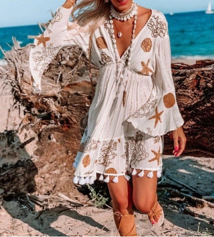 Women starfish flower print long sleeve v-neck beach Bohemian dress tassel - foxberryparkproducts