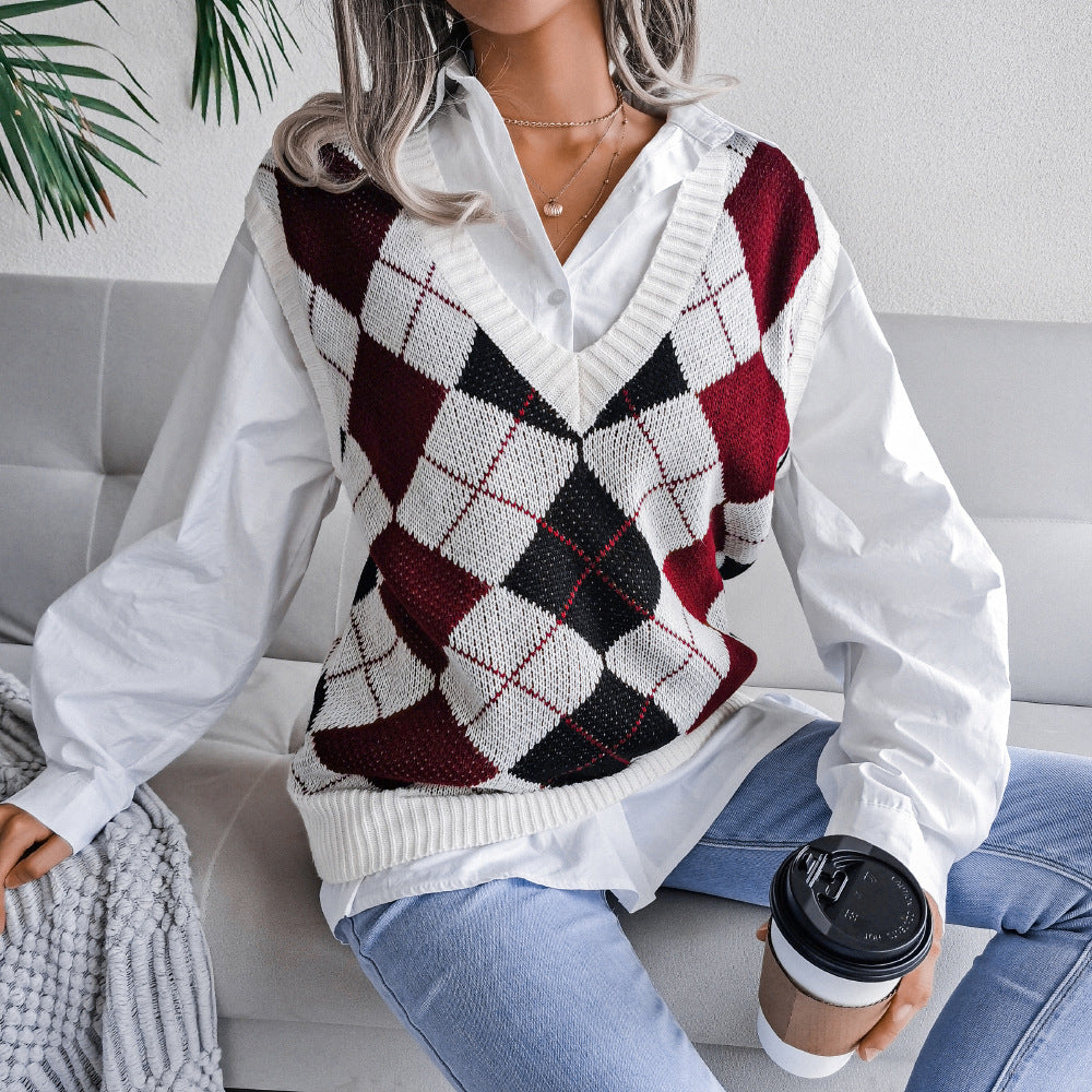 Autumn And Winter College Style Diamond V-Neck Casual Loose Knit Vest Sweater