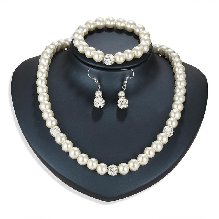 3 Piece Pearl and Shamballa Jewelry Set With Austrian Crystals 18K White Gold Plated Set - foxberryparkproducts