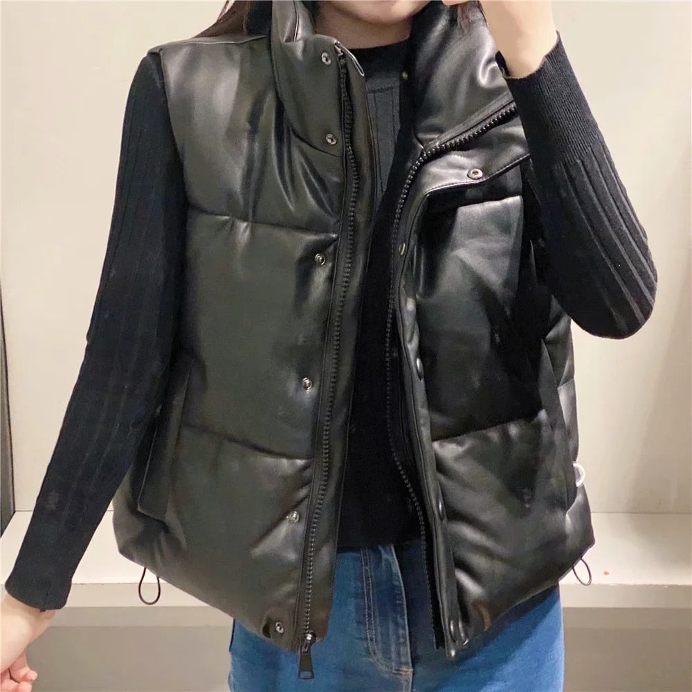 women Black Warm Faux Leather Vest Coat - foxberryparkproducts