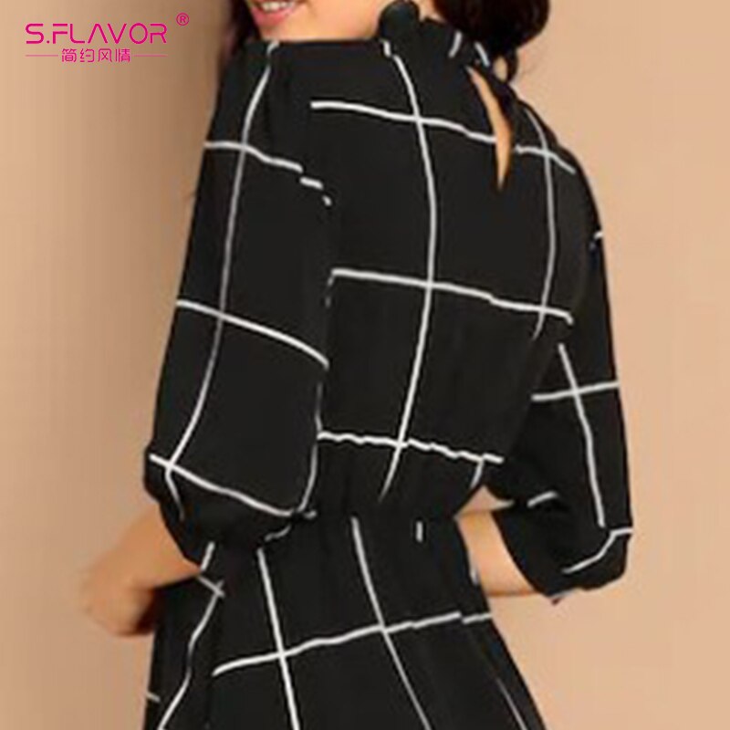 Stand Collar Simple Plaid Dress Autumn Winter - foxberryparkproducts