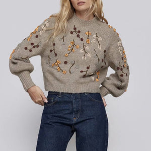 Winter Beaded Embroidery Decoration Bubble Sleeve Sweater