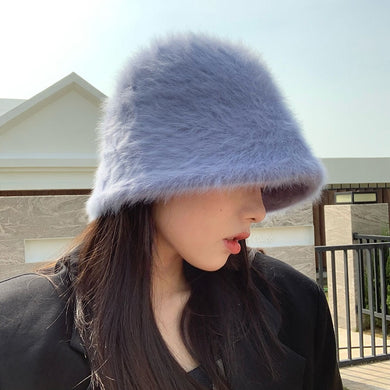 Winter women's fashion Solid color rabbit fur hat bucket cap - foxberryparkproducts