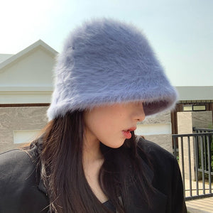Winter women's fashion Solid color rabbit fur hat bucket cap - foxberryparkproducts