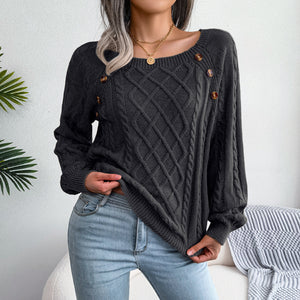 Autumn And Winter Casual Square Collar Nail Button Twist Knit Pullover