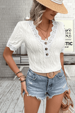 Load image into Gallery viewer, Buttoned V-Neck Lace Trim T-Shirt
