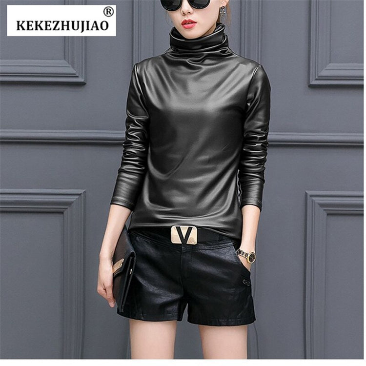 Plus Size Women Pu Turtleneck Blouse Metallic Long Sleeve faux leather Wet Look shirts op Ladies - foxberryparkproducts