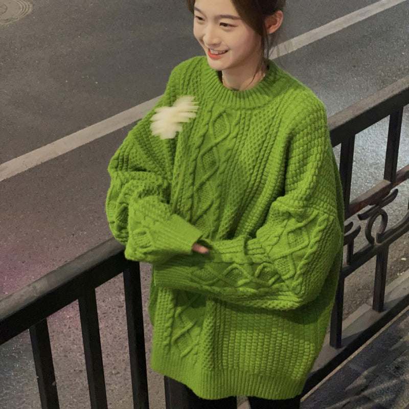 Green Diamond Sweater For Women In Autumn And Winter Thickened Loose Retro Lazy Style Sweet Fried Dough Twist Knitting Top
