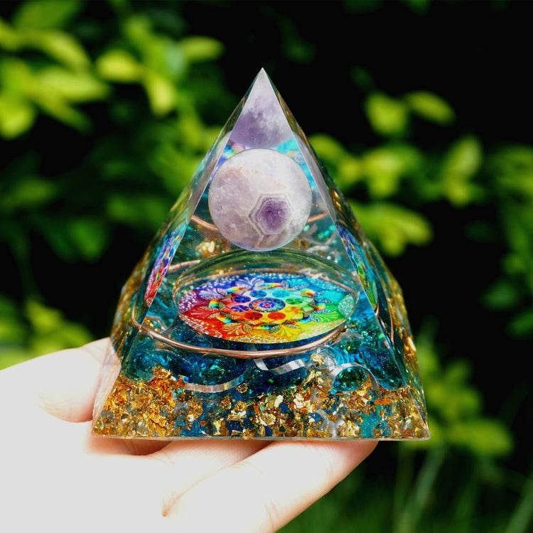 Handmade Amethyst Crystal Sphere Orgone Pyramid Copper Blue Quartz EMF Protection Energy Orgonite - foxberryparkproducts