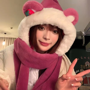 Winter Bear Hat Scarf Gloves One Body Autumn and Winter