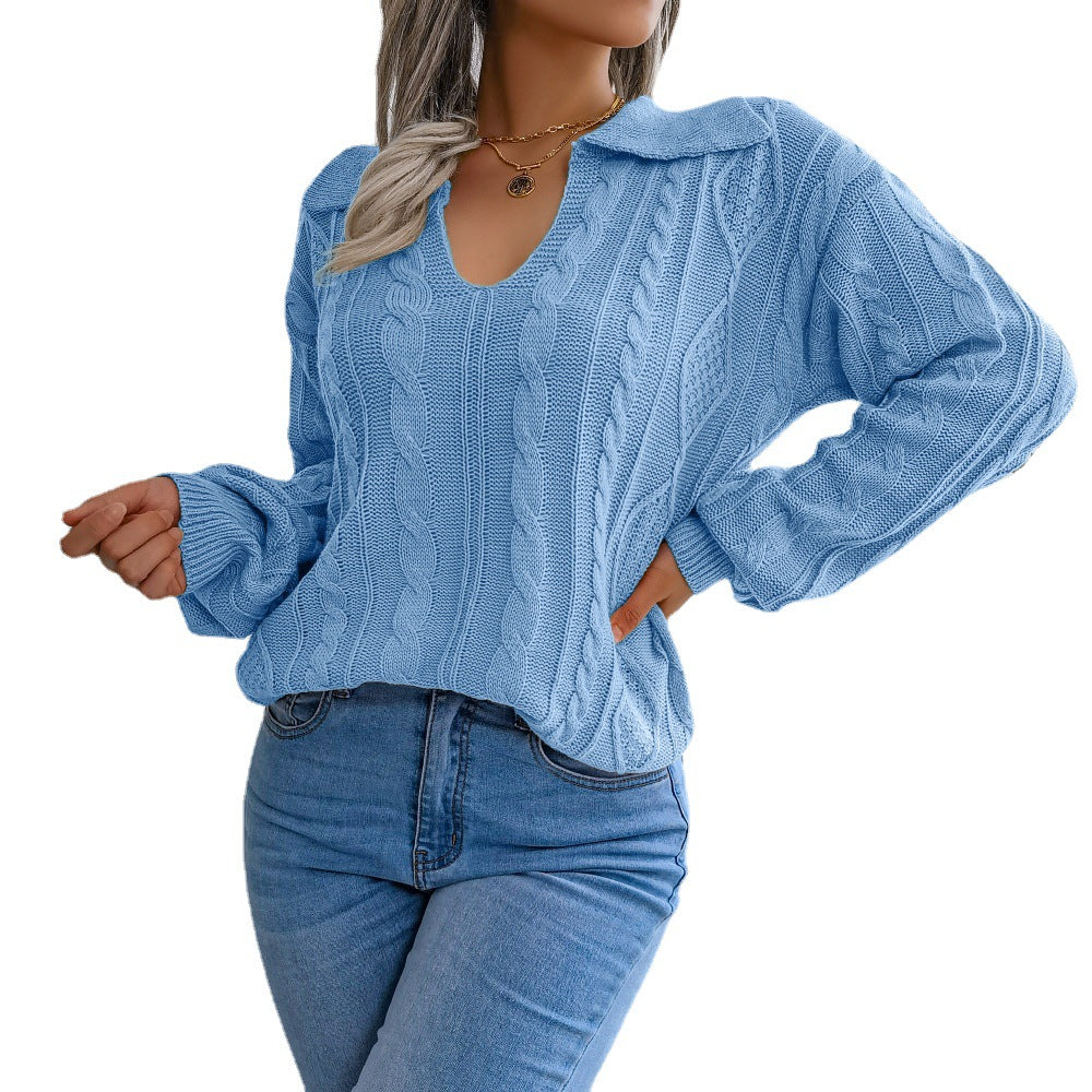 Autumn And Winter Casual Lapel Fried Dough Twist Lantern Sleeve Knitting Sweater