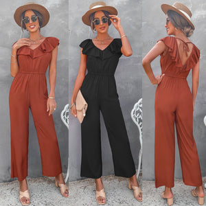 European And American Women's Solid Color Open Back Jumpsuit Summer Off Shoulder Casual Sundress Women Beachwear Jumpsuit Ruffle High Waist Jumpsuits Female Overalls Body Mujer - foxberrypark
