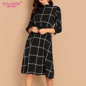 Stand Collar Simple Plaid Dress Autumn Winter - foxberryparkproducts