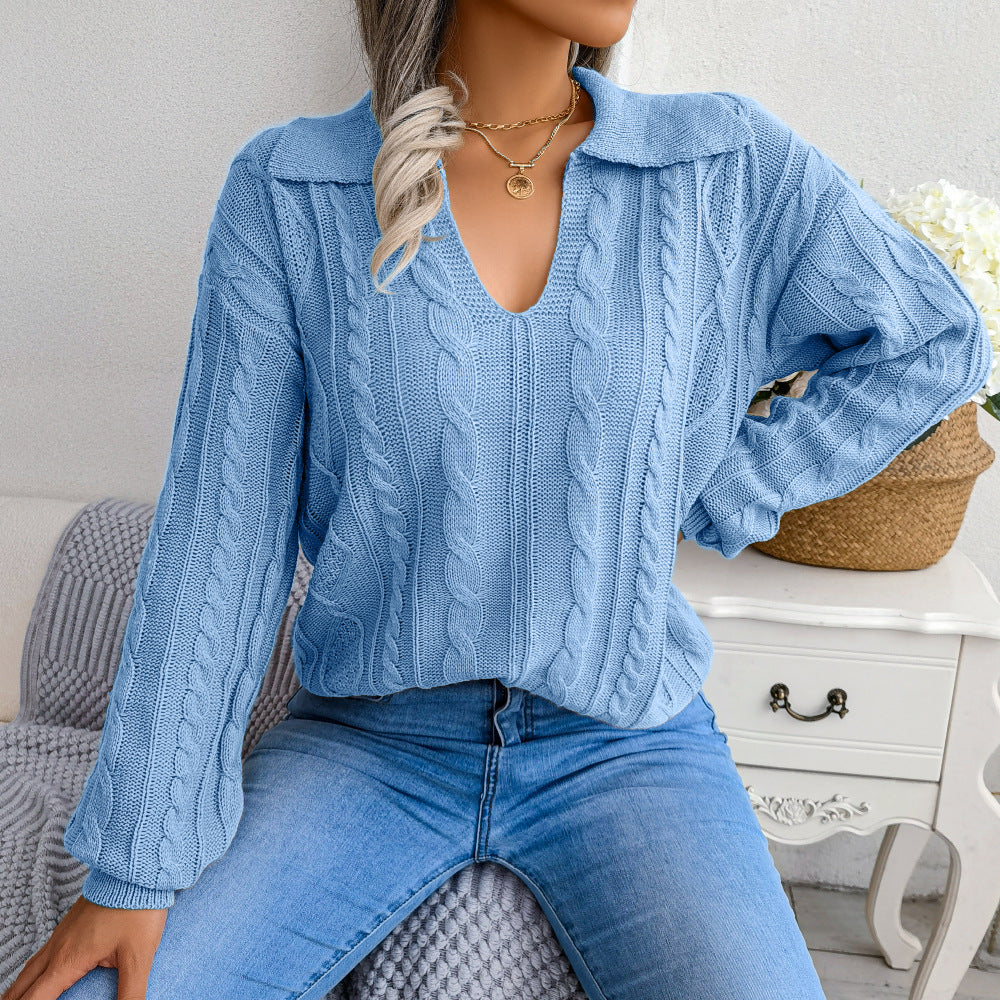 Autumn And Winter Casual Lapel Fried Dough Twist Lantern Sleeve Knitting Sweater