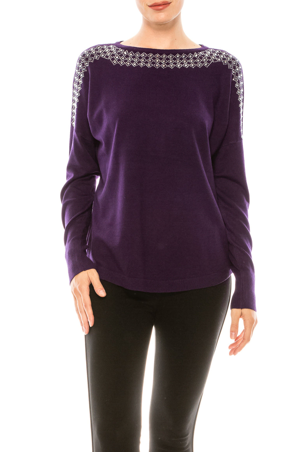 Aaeda Long Sleeve Rhinestone Sweater Top (Additional Colors) - foxberryparkproducts