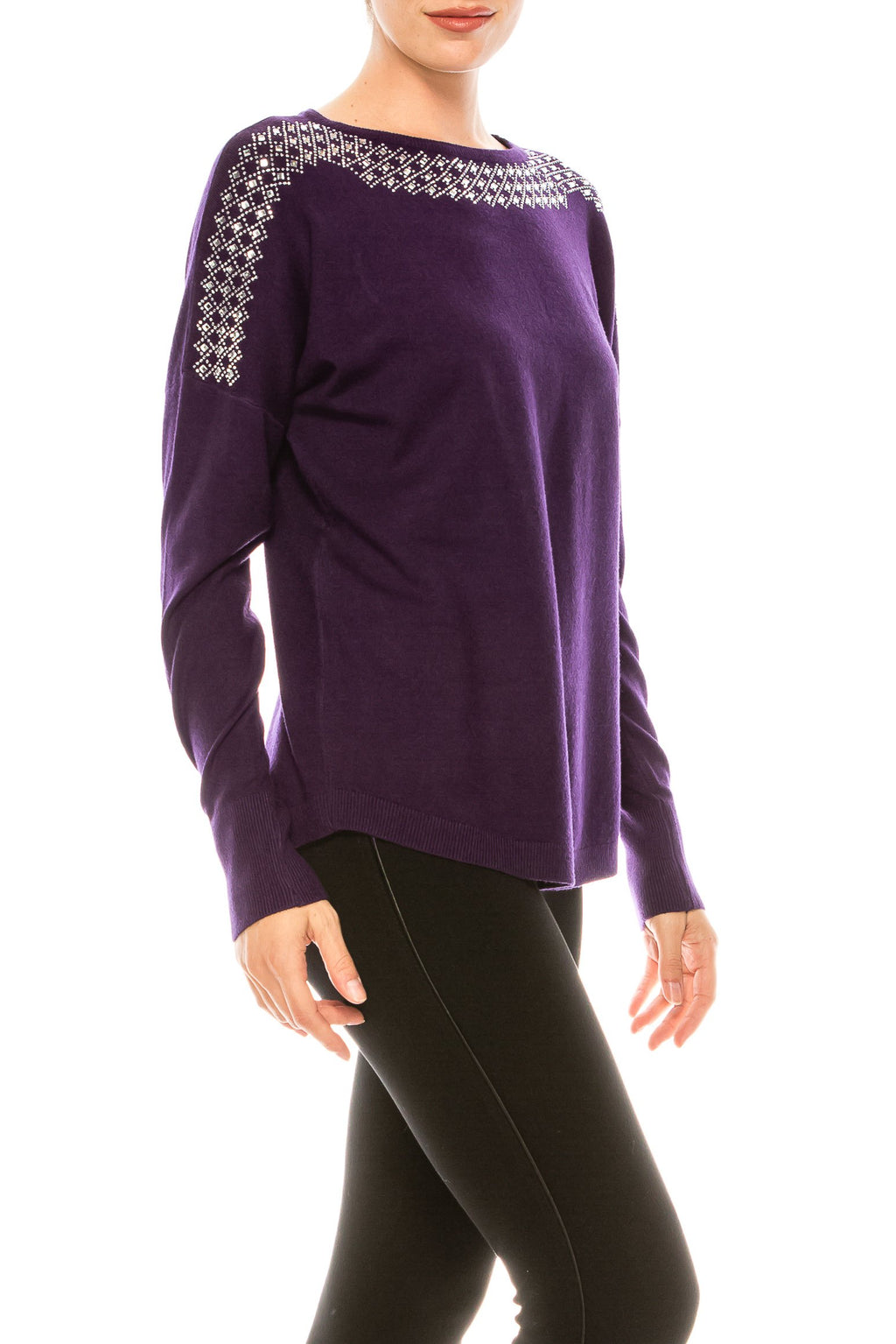 Aaeda Long Sleeve Rhinestone Sweater Top (Additional Colors) - foxberryparkproducts