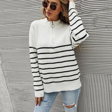 Load image into Gallery viewer, Half High Neck Zipper Striped Pullover Sweater - foxberryparkproducts
