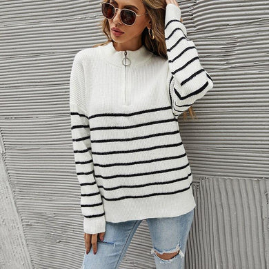Half High Neck Zipper Striped Pullover Sweater - foxberryparkproducts
