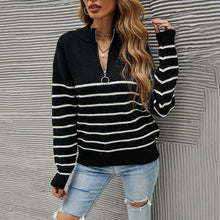 Load image into Gallery viewer, Half High Neck Zipper Striped Pullover Sweater - foxberryparkproducts
