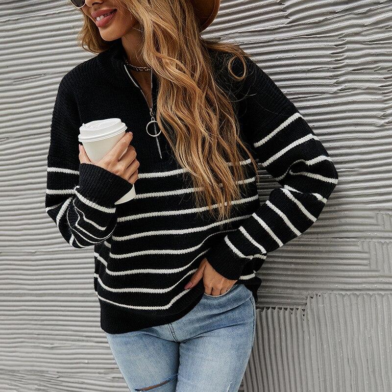 Half High Neck Zipper Striped Pullover Sweater - foxberryparkproducts