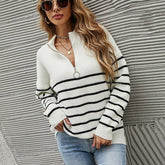 Half High Neck Zipper Striped Pullover Sweater - foxberryparkproducts