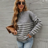 Half High Neck Zipper Striped Pullover Sweater - foxberryparkproducts