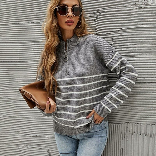 Half High Neck Zipper Striped Pullover Sweater - foxberryparkproducts