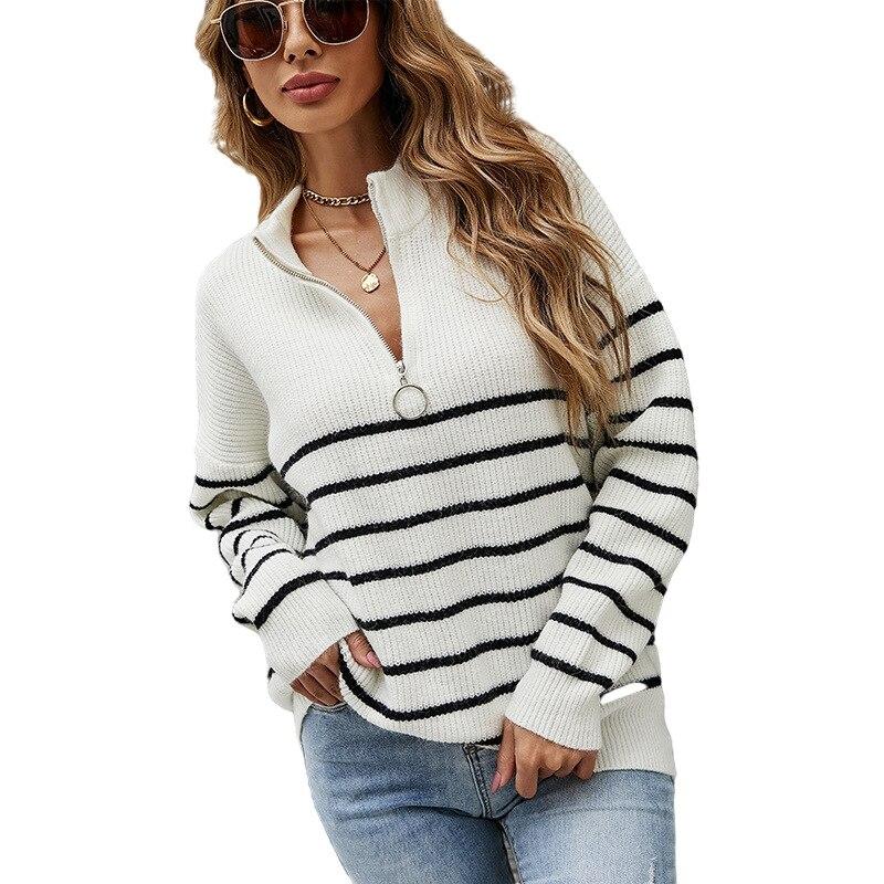 Half High Neck Zipper Striped Pullover Sweater - foxberryparkproducts