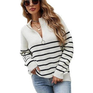 Half High Neck Zipper Striped Pullover Sweater - foxberryparkproducts
