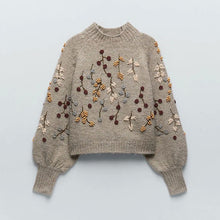 Load image into Gallery viewer, Winter Beaded Embroidery Decoration Bubble Sleeve Sweater

